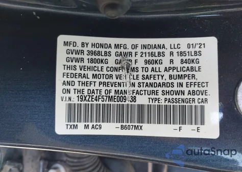 2021 Honda Insight Ex из США, поврежденный, VIN 19XZE4F57ME009438